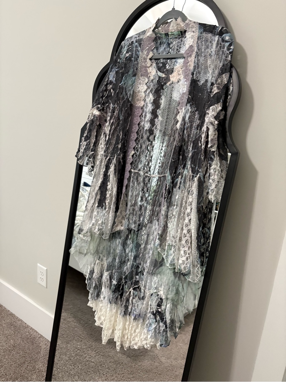Layered Lace Kimono Duster in Black, Gray & Cream